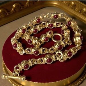 Matte Gold Byzantine Revival Garnet Cabochon Toggle Necklace